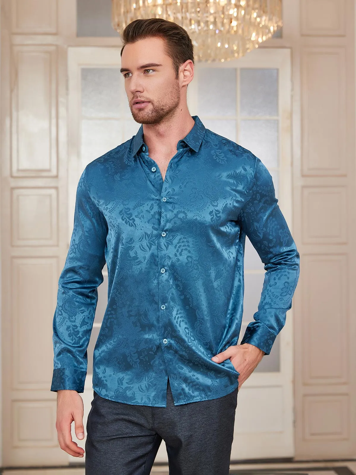 Clearance(US Warehouse) -Mulberry Silk Jacquard Shirt for Men sold by SilkSilky product image thumbnail 3