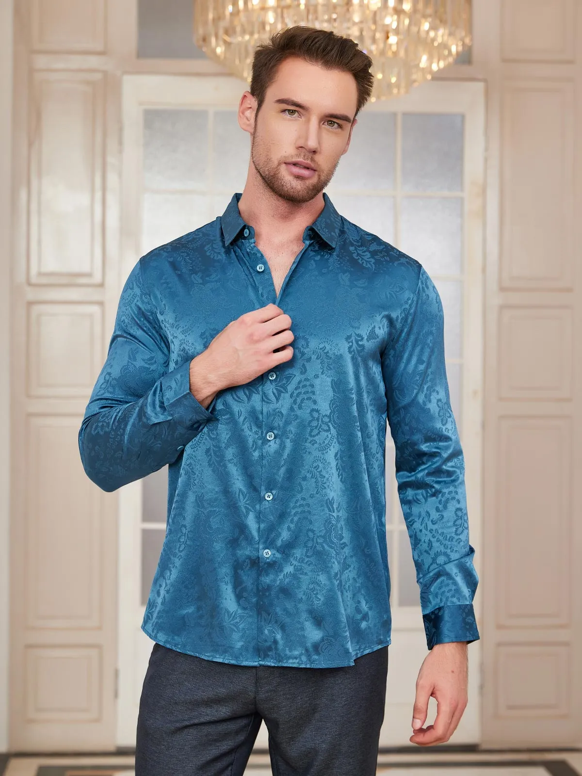 Clearance(US Warehouse) -Mulberry Silk Jacquard Shirt for Men sold by SilkSilky
