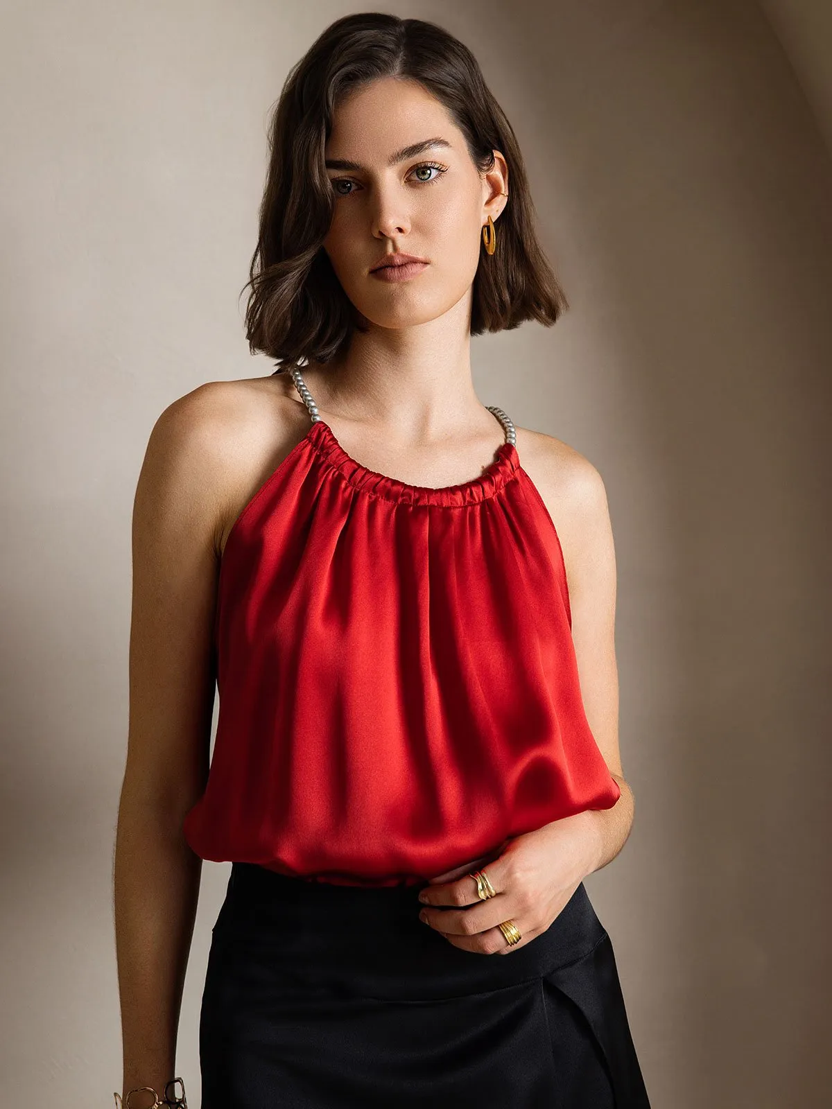 Clearance(US Warehouse) -19Momme Silk Pearl-tie Neck Tank Top sold by SilkSilky