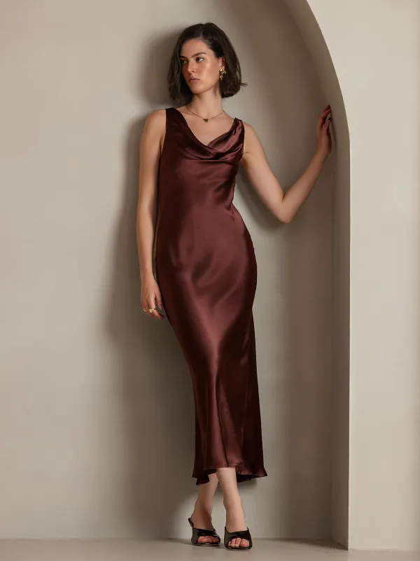Clearance -Pure Silk Solid Color Cowl Neck Slip Long Dress sold by SilkSilky
