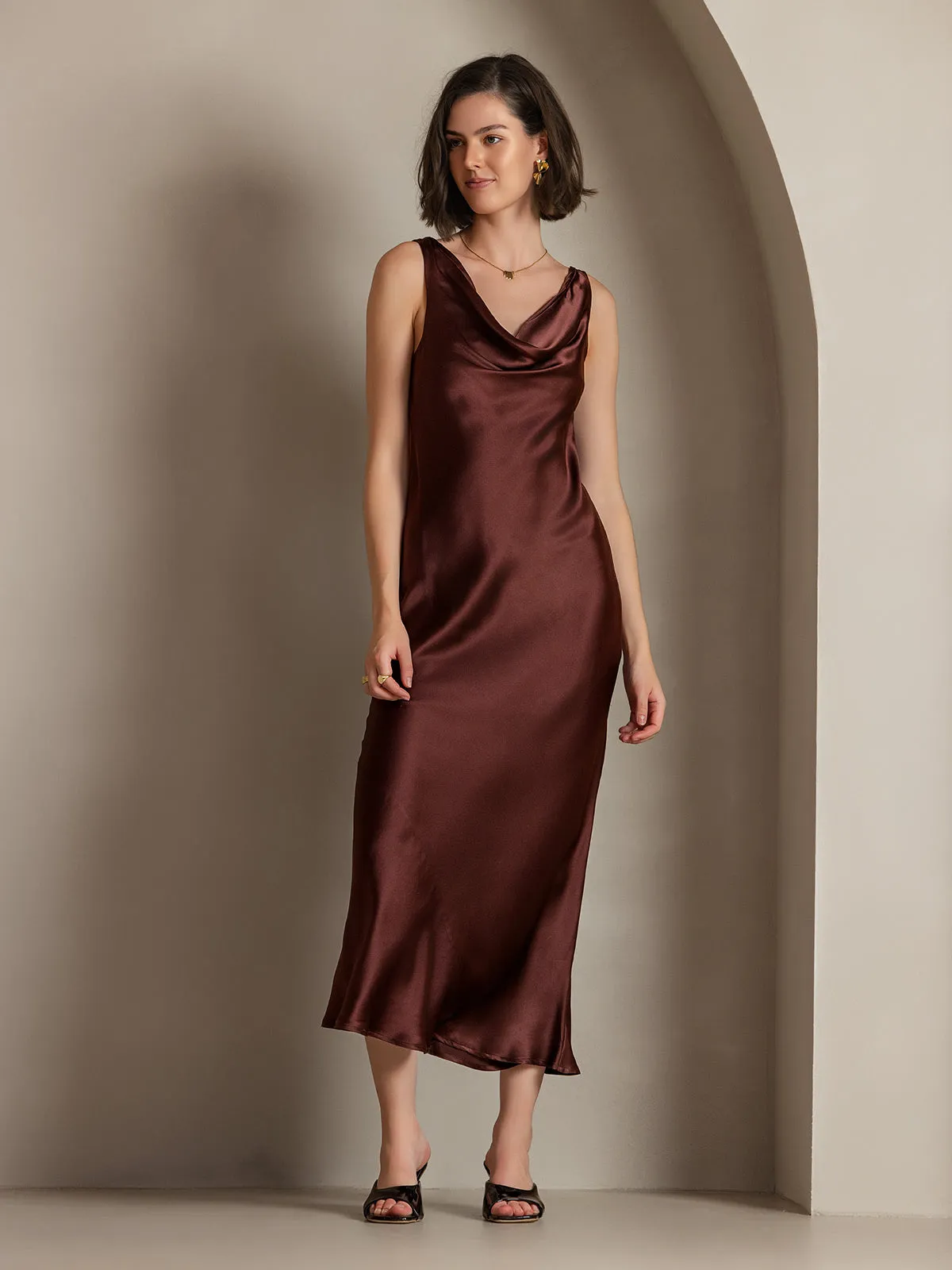 Clearance -Pure Silk Solid Color Cowl Neck Slip Long Dress sold by SilkSilky product image thumbnail 5