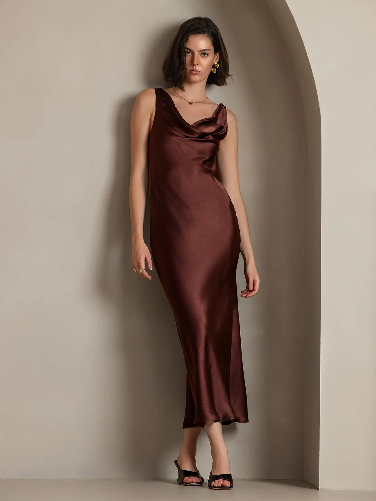 Clearance -Pure Silk Solid Color Cowl Neck Slip Long Dress sold by SilkSilky product image thumbnail 3