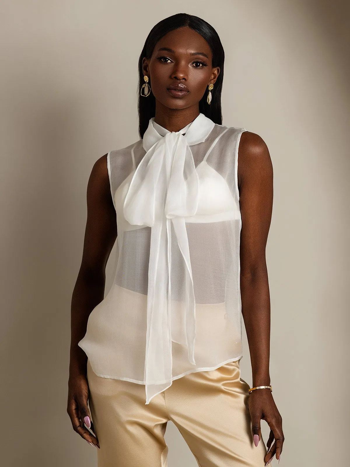 Clearance - Pure Silk Sleeveless Tie Neck Sheer Blouse sold by SilkSilky