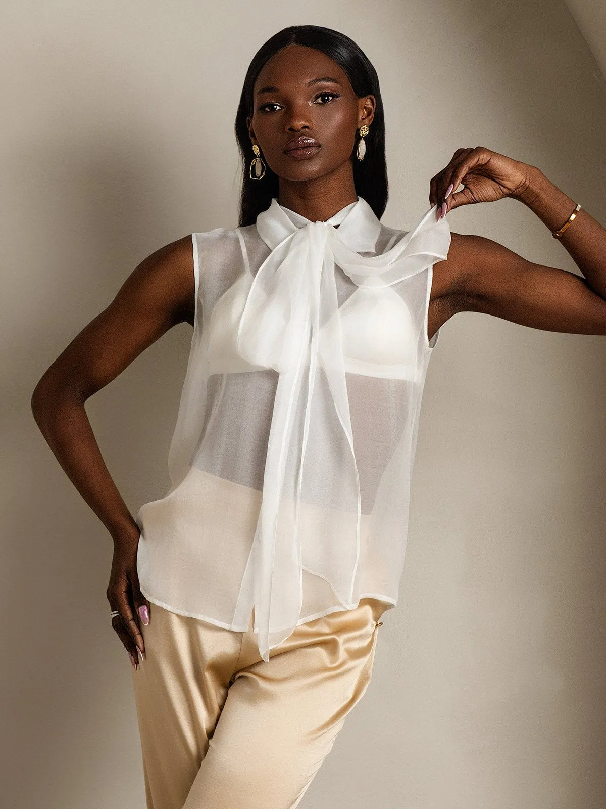 Clearance - Pure Silk Sleeveless Tie Neck Sheer Blouse sold by SilkSilky product image thumbnail 4