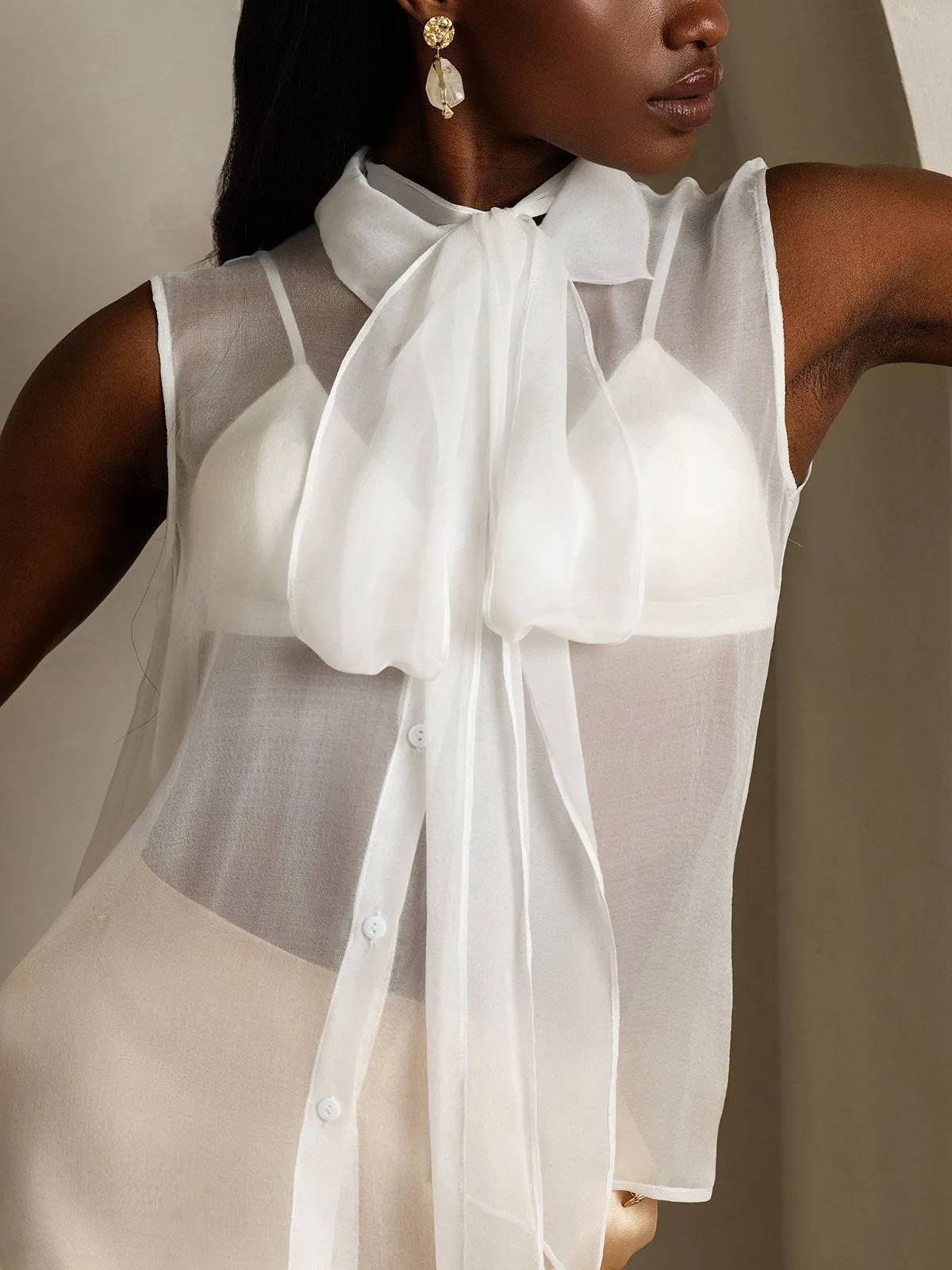 Clearance - Pure Silk Sleeveless Tie Neck Sheer Blouse sold by SilkSilky product image thumbnail 3