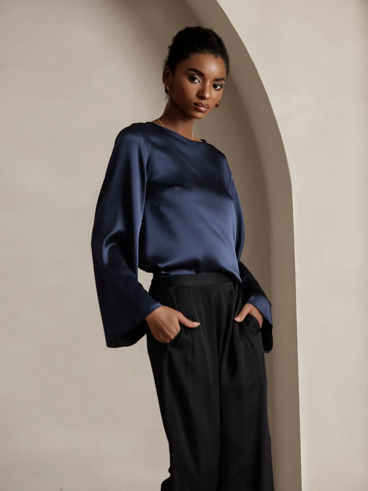 Clearance(US Warehouse) -Women's 22Momme Silk High Waist Wide Leg Tapered Pleated Cropped Pants sold by SilkSilky product image thumbnail 3