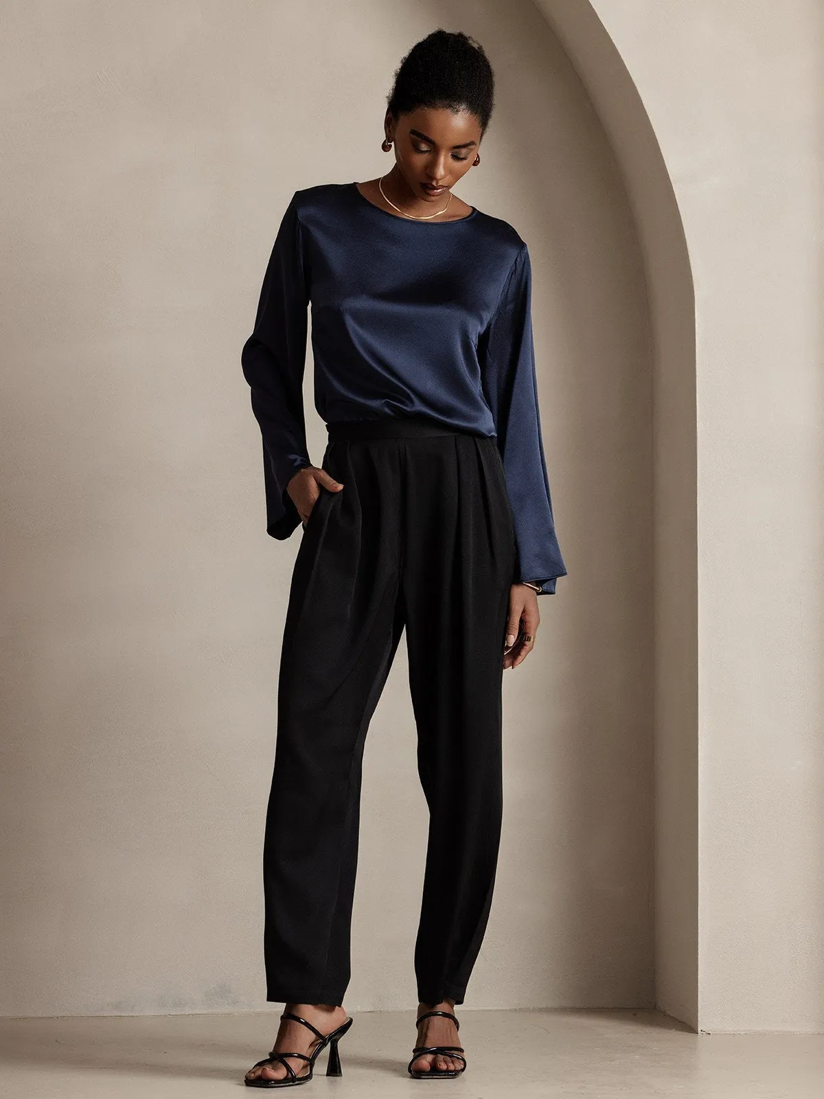 Clearance(US Warehouse) -Women's 22Momme Silk High Waist Wide Leg Tapered Pleated Cropped Pants sold by SilkSilky