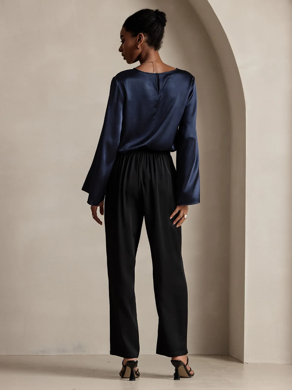 Clearance(US Warehouse) -Women's 22Momme Silk High Waist Wide Leg Tapered Pleated Cropped Pants sold by SilkSilky product image thumbnail 5