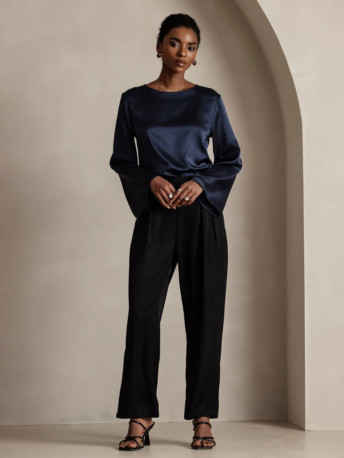 Clearance(US Warehouse) -Women's 22Momme Silk High Waist Wide Leg Tapered Pleated Cropped Pants sold by SilkSilky product image thumbnail 4