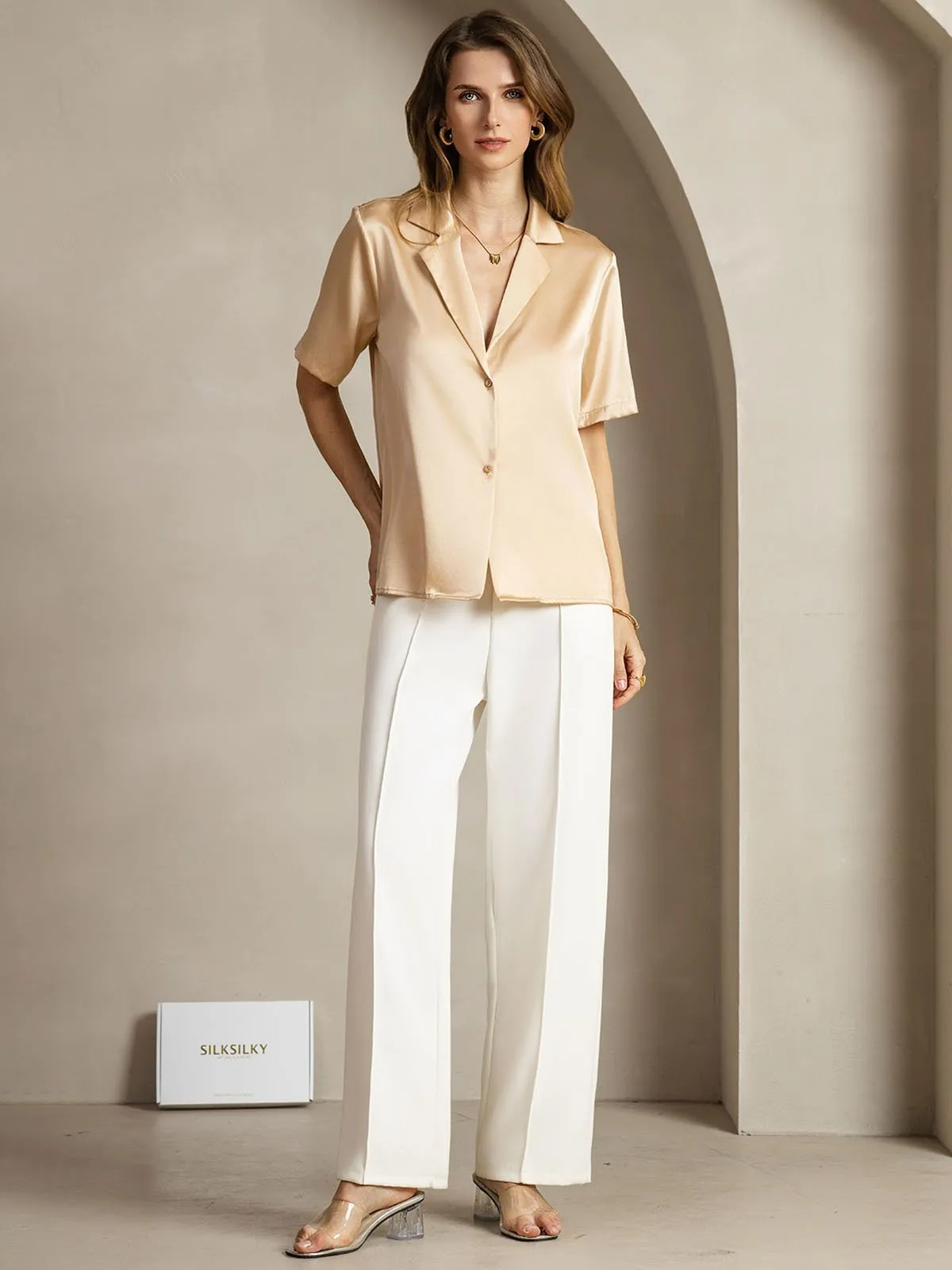 19Momme Silk Short Sleeve Notched Lapel Women's Shirt with Button Up Design sold by SilkSilky product image thumbnail 3