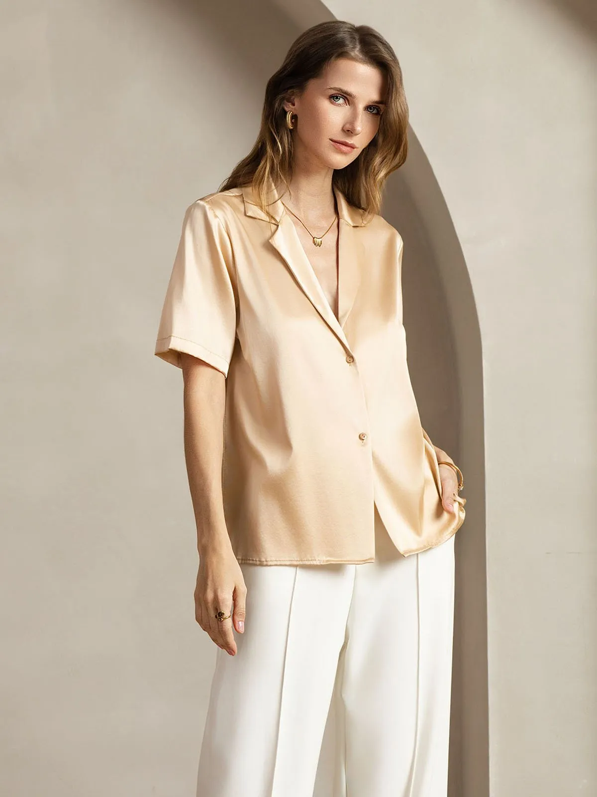 19Momme Silk Short Sleeve Notched Lapel Women's Shirt with Button Up Design sold by SilkSilky product image thumbnail 5