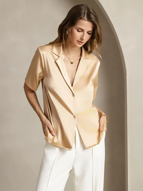 19Momme Silk Short Sleeve Notched Lapel Women's Shirt with Button Up Design sold by SilkSilky