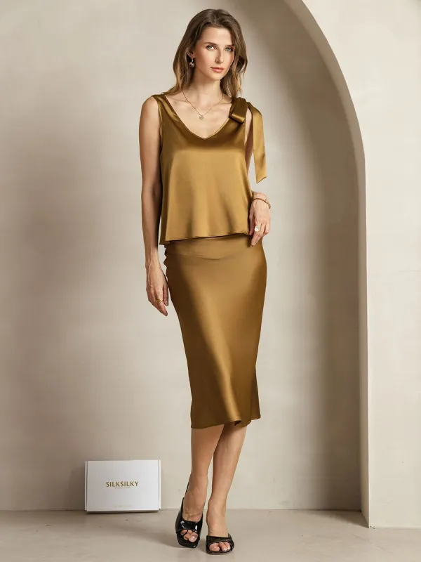 19Momme Silk Bow-Tie V-Neck Tank Top & Midi Skirt Set sold by SilkSilky