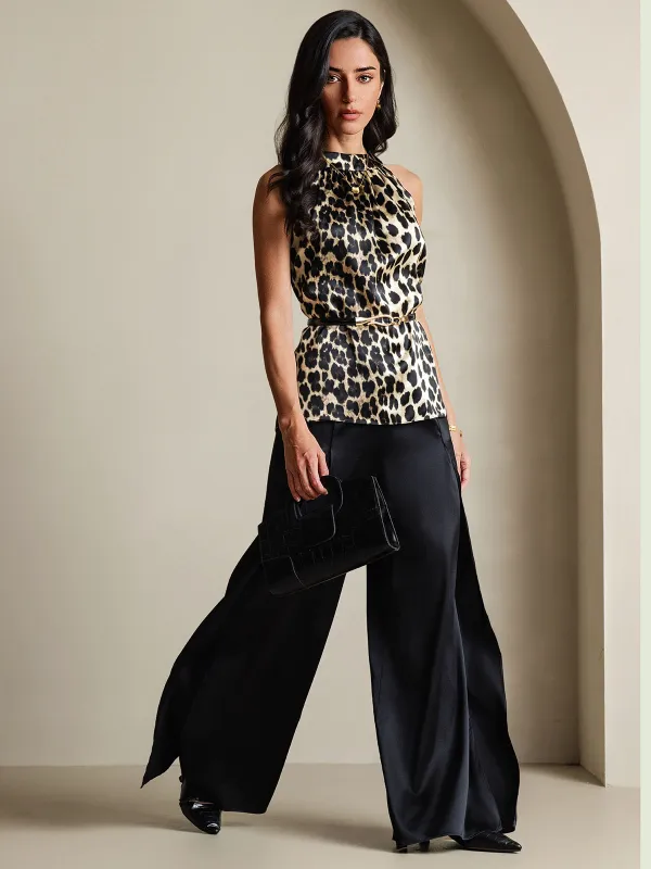 19Momme Silk Sleeveless Relaxed Leopard Halter Top sold by SilkSilky