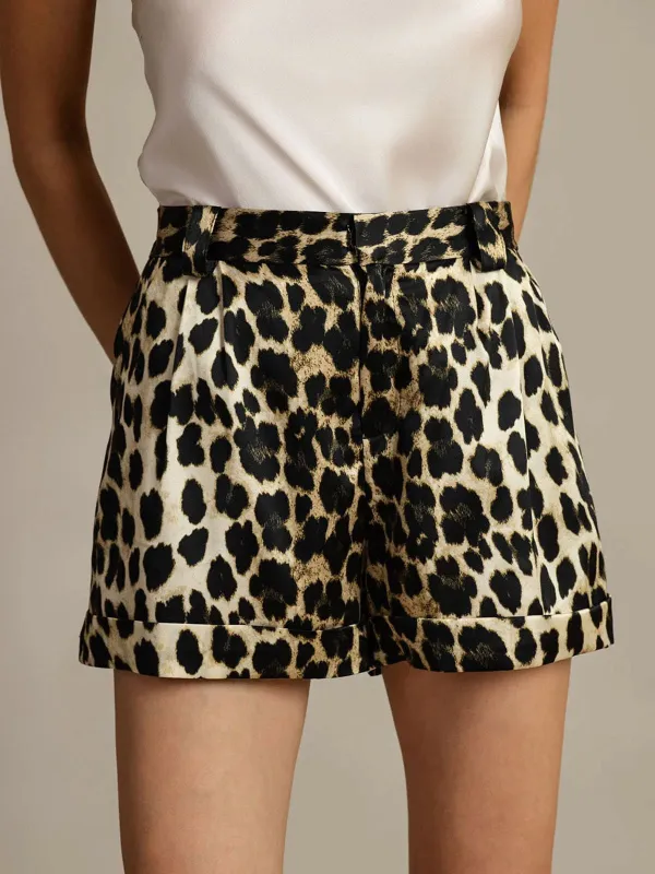19Momme Silk Leopard Women's Cuffed Shorts With Side Pockets Design sold by SilkSilky