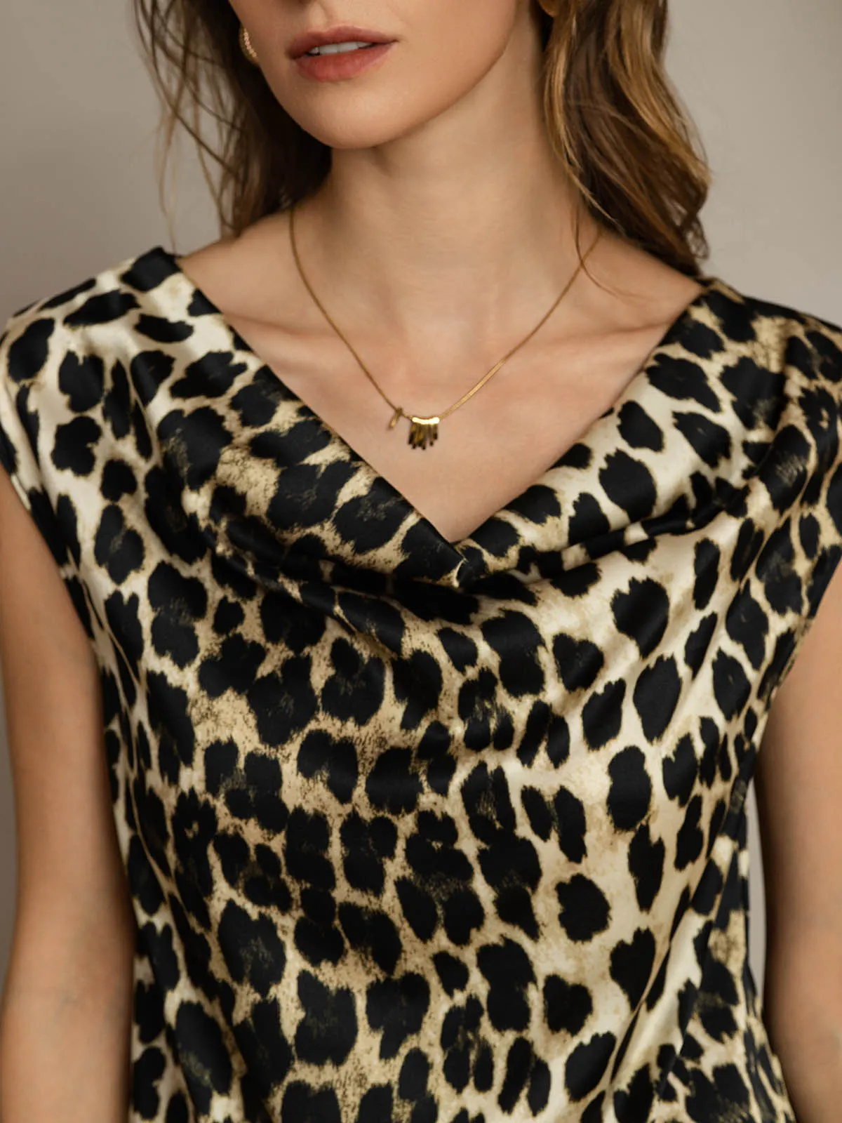 19Momme Silk Leopard Print Cap Sleeve Cowl Neck Women's Top sold by SilkSilky product image thumbnail 5