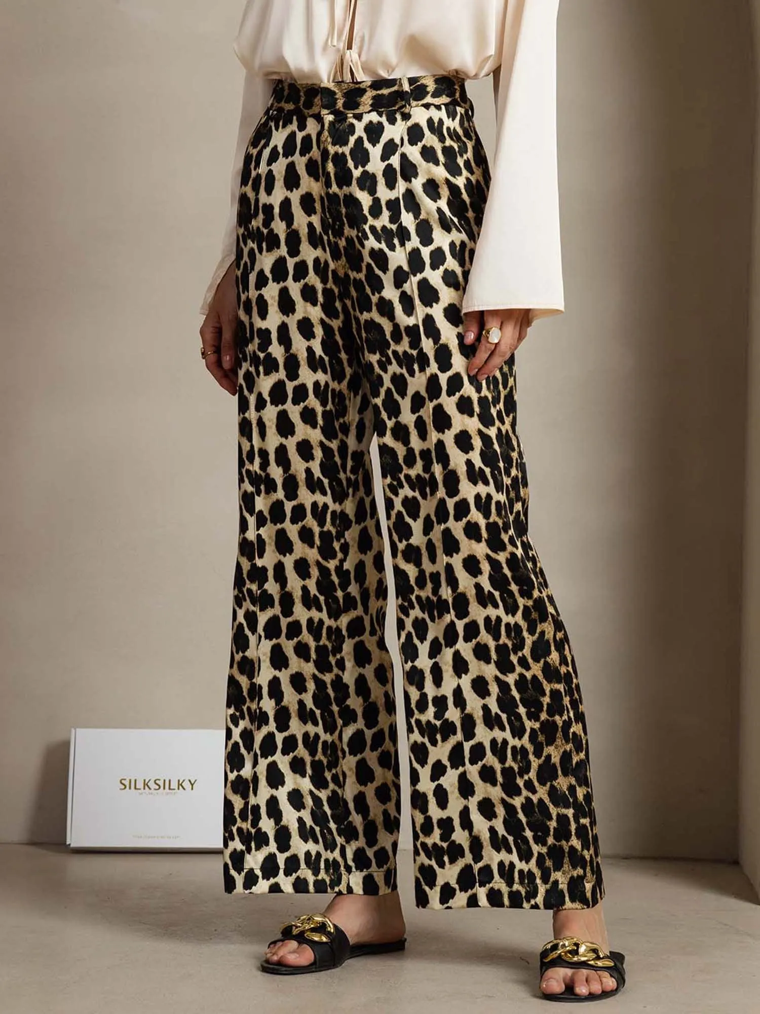 19Momme Silk Leopard Print Straight Leg Women's Pants With Side Pockets Design sold by SilkSilky product image thumbnail 3