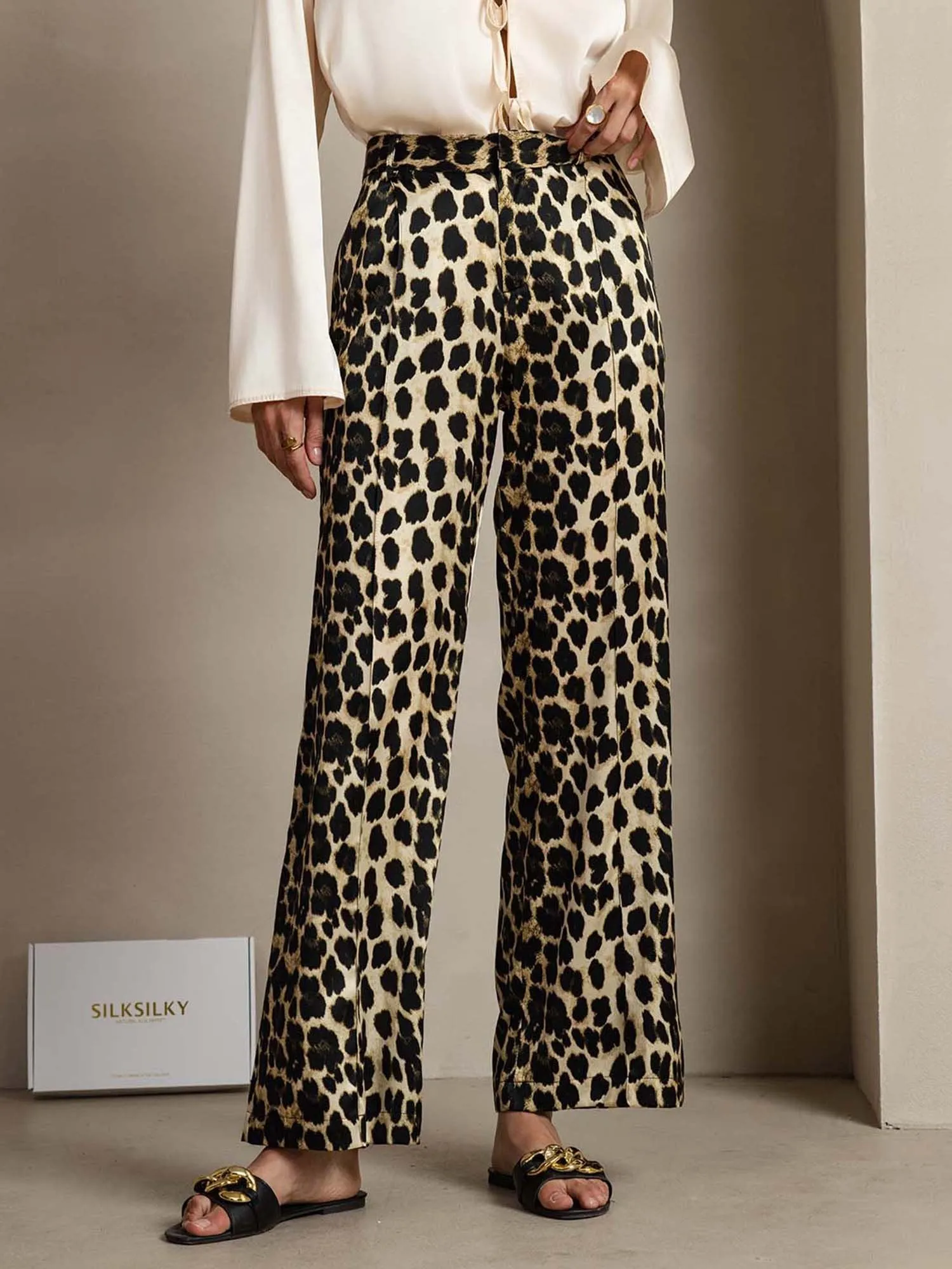 19Momme Silk Leopard Print Straight Leg Women's Pants With Side Pockets Design sold by SilkSilky
