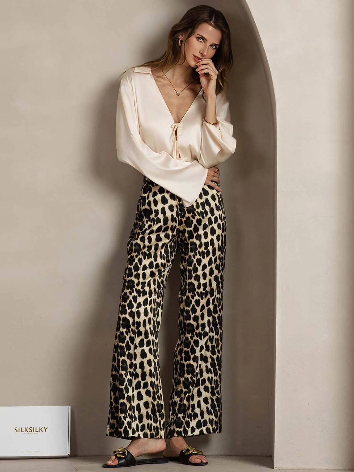 19Momme Silk Leopard Print Straight Leg Women's Pants With Side Pockets Design sold by SilkSilky product image thumbnail 5