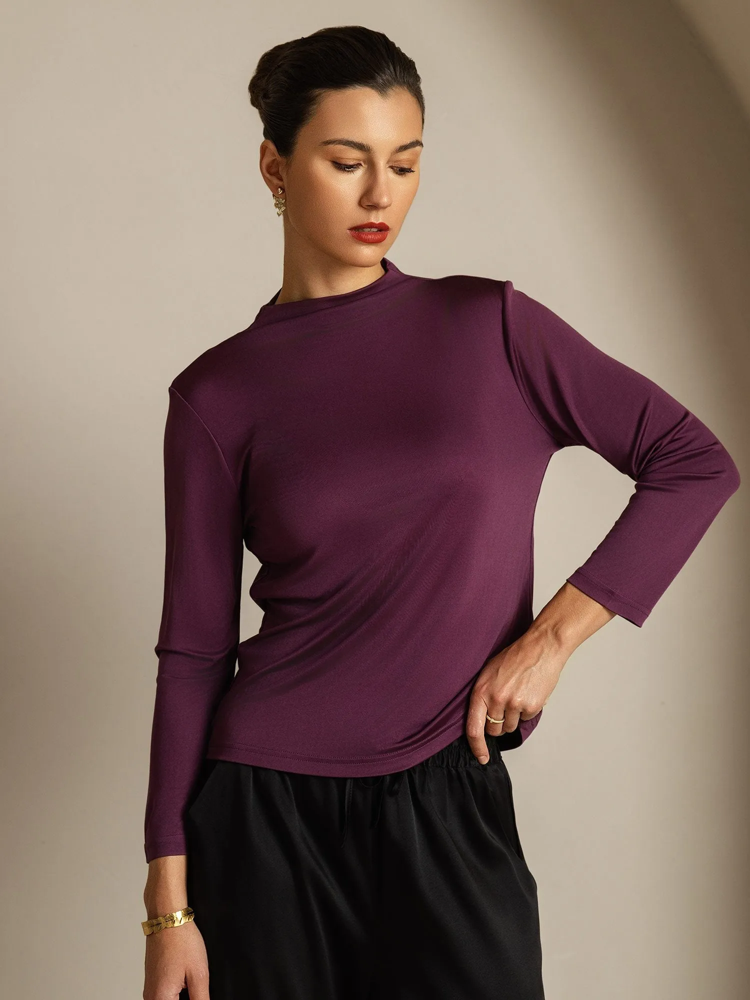 Women's Pure Silk Long Sleeve Mock Top sold by SilkSilky product image thumbnail 3
