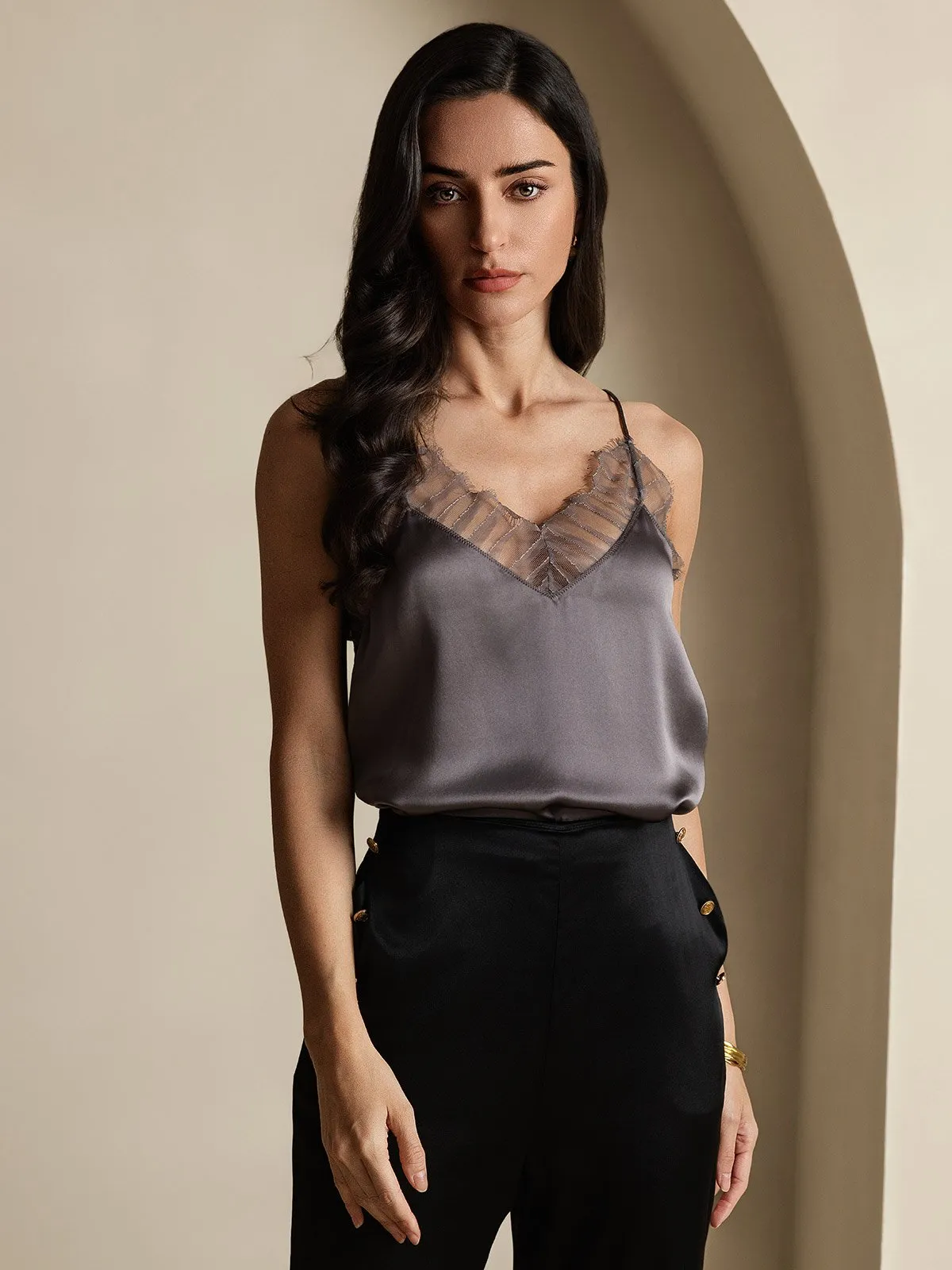 Clearance(US Warehouse) - Silk Spaghetti Strap Lace-Trimmed Camisole Top sold by SilkSilky product image thumbnail 3