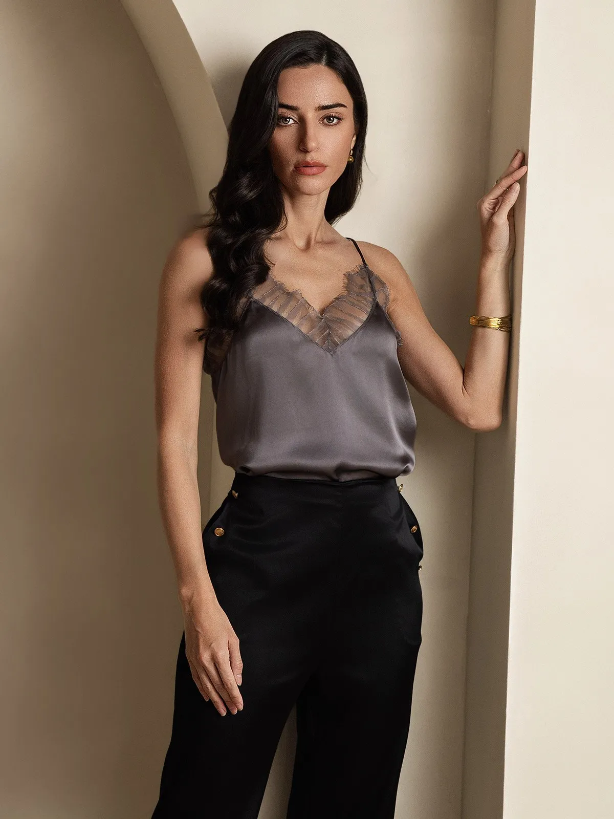 Clearance(US Warehouse) - Silk Spaghetti Strap Lace-Trimmed Camisole Top sold by SilkSilky product image thumbnail 5