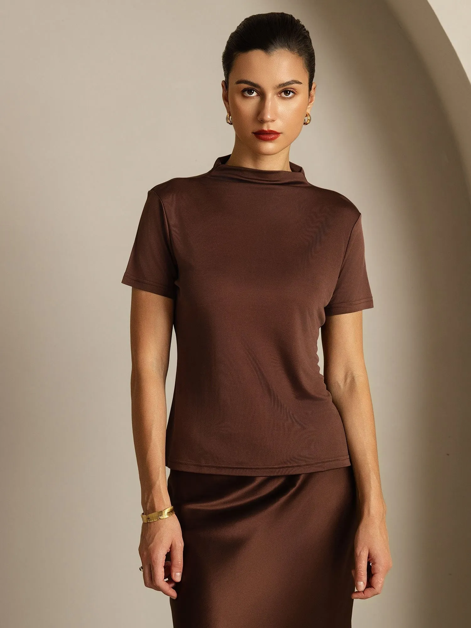 Pure Silk Half Turtleneck Short-Sleeved Women's T-Shirt sold by SilkSilky product image thumbnail 3