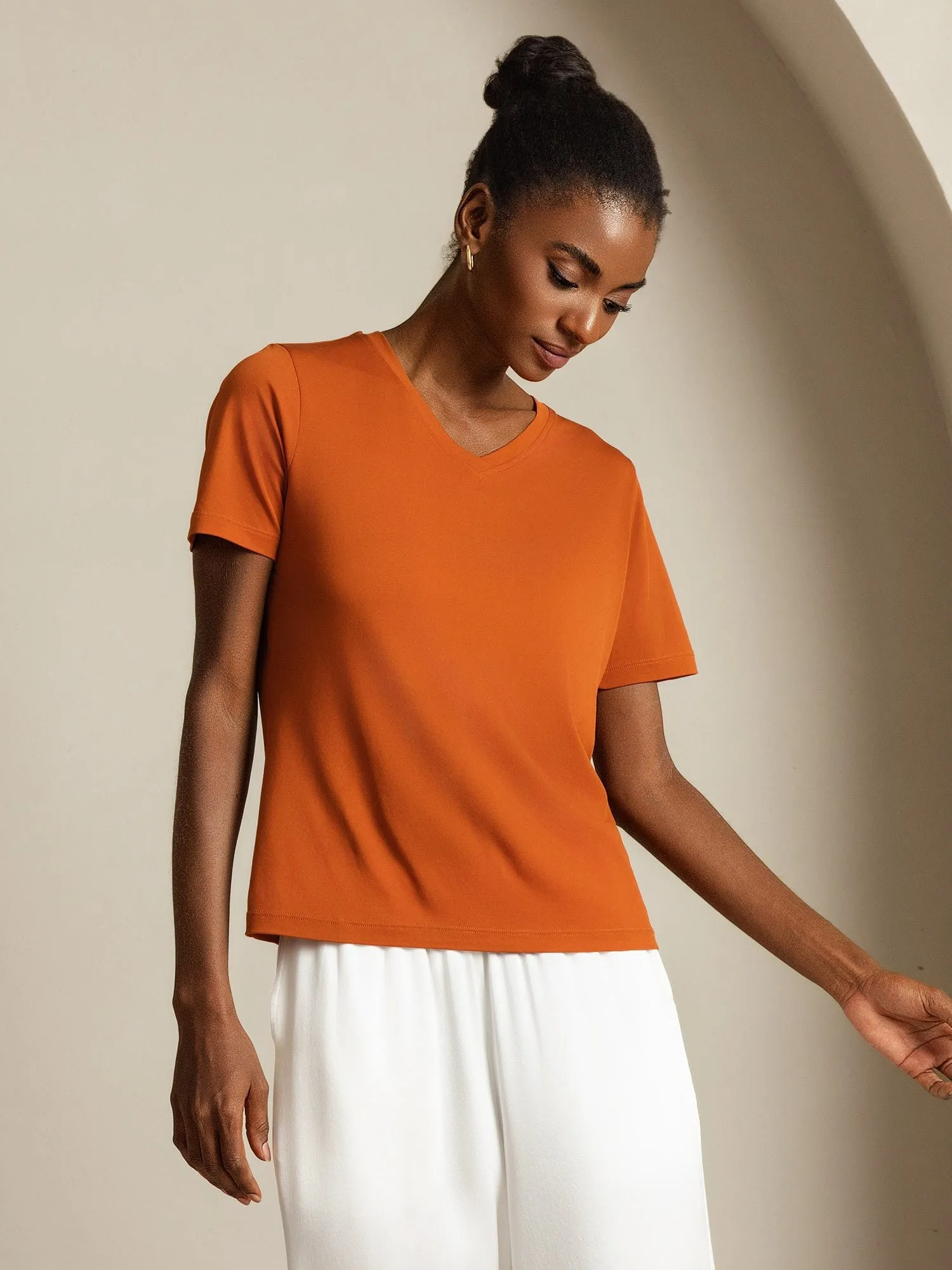 Pure Silk V Neck Short-Sleeve Snag-Resistant Women's T-Shirt sold by SilkSilky product image thumbnail 3