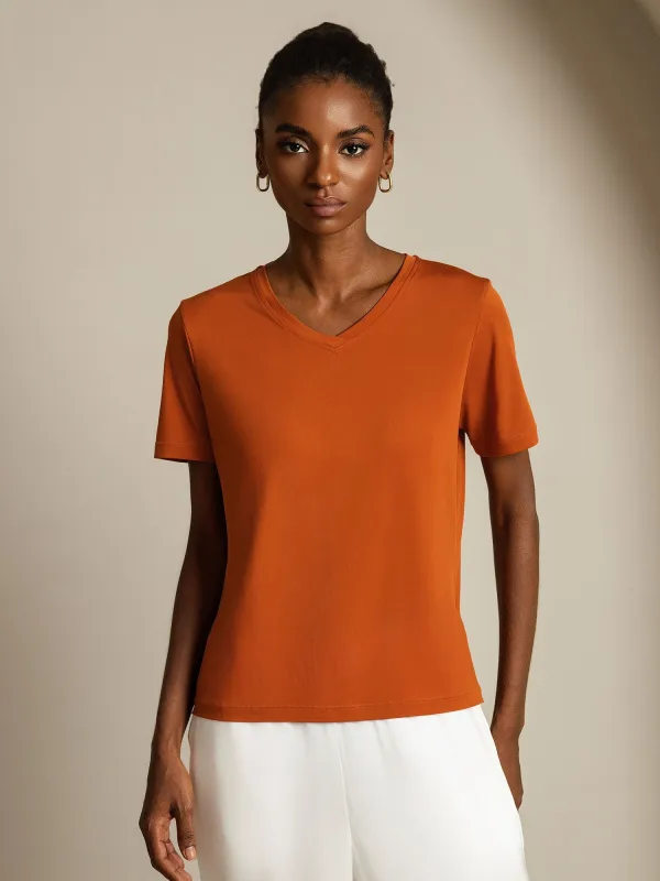 Pure Silk V Neck Short-Sleeve Snag-Resistant Women's T-Shirt sold by SilkSilky