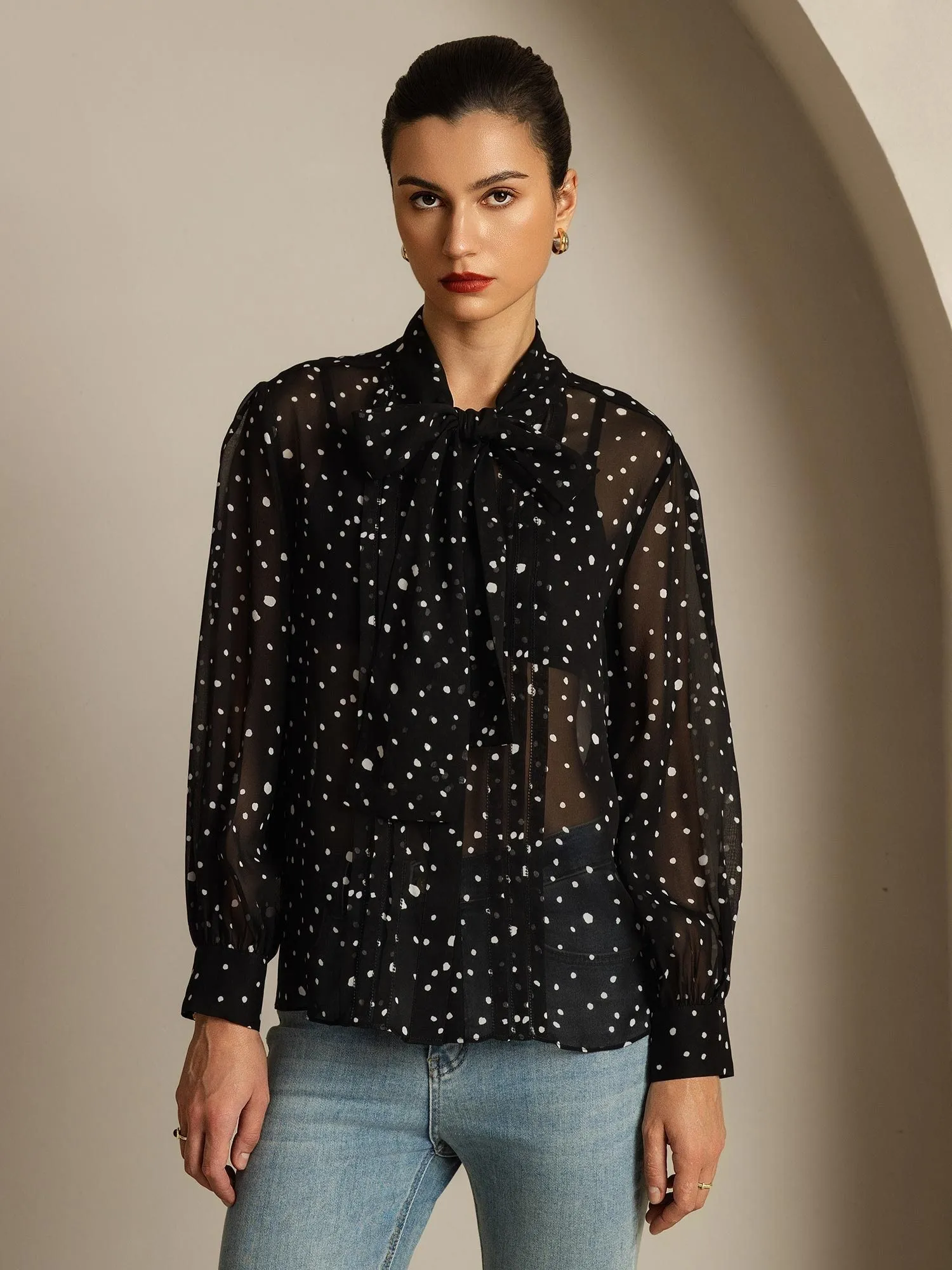 Pure Silk Long Sleeve Bow Tie Sheer Blouse sold by SilkSilky product image thumbnail 3