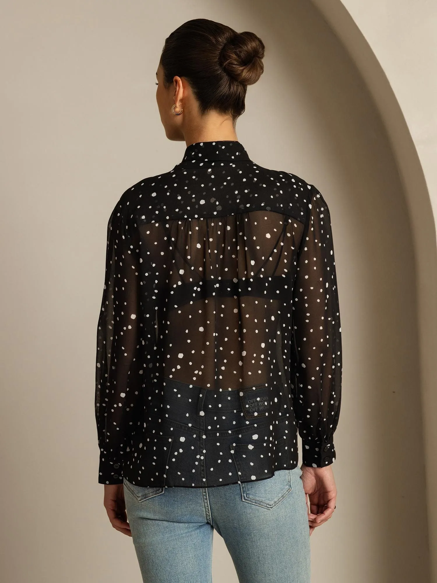 Pure Silk Long Sleeve Bow Tie Sheer Blouse sold by SilkSilky product image thumbnail 2