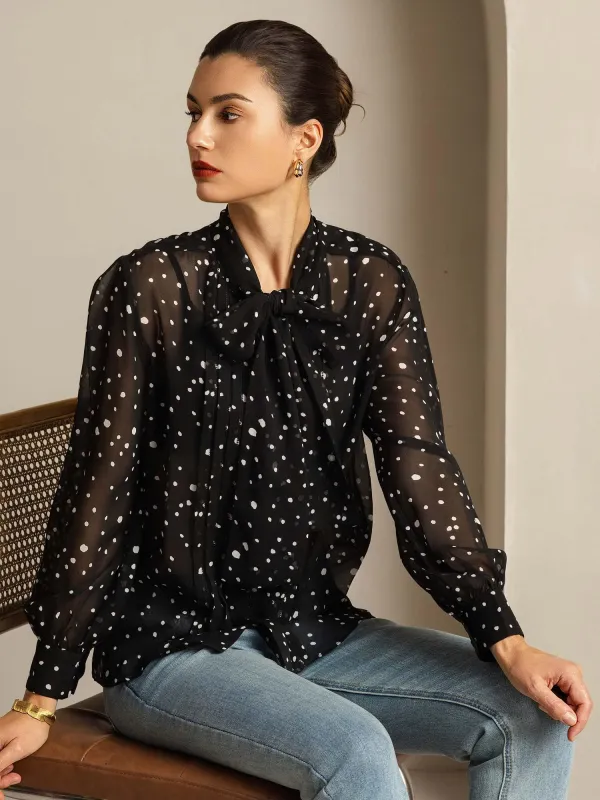 Pure Silk Long Sleeve Bow Tie Sheer Blouse sold by SilkSilky