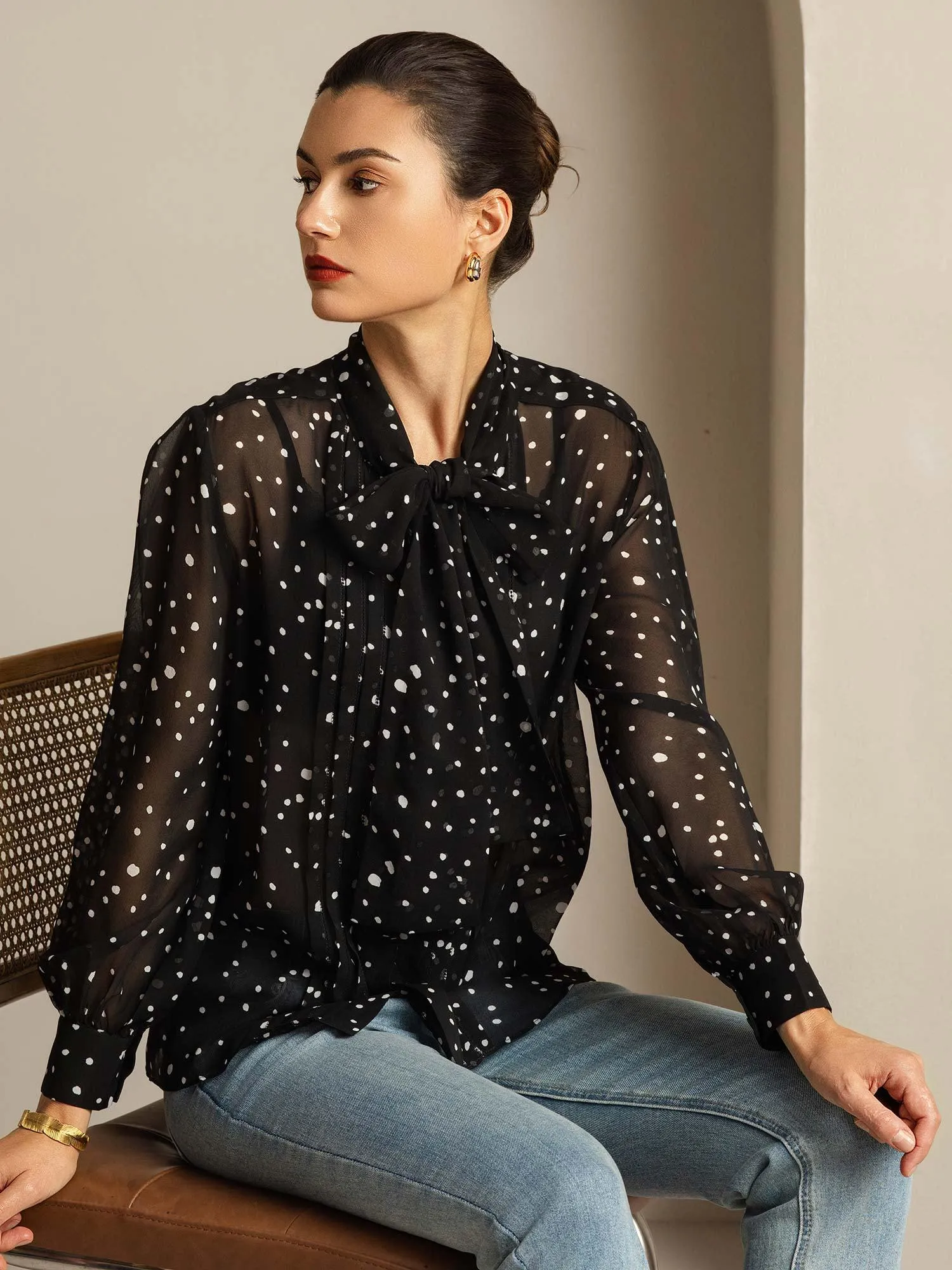 Pure Silk Long Sleeve Bow Tie Sheer Blouse sold by SilkSilky