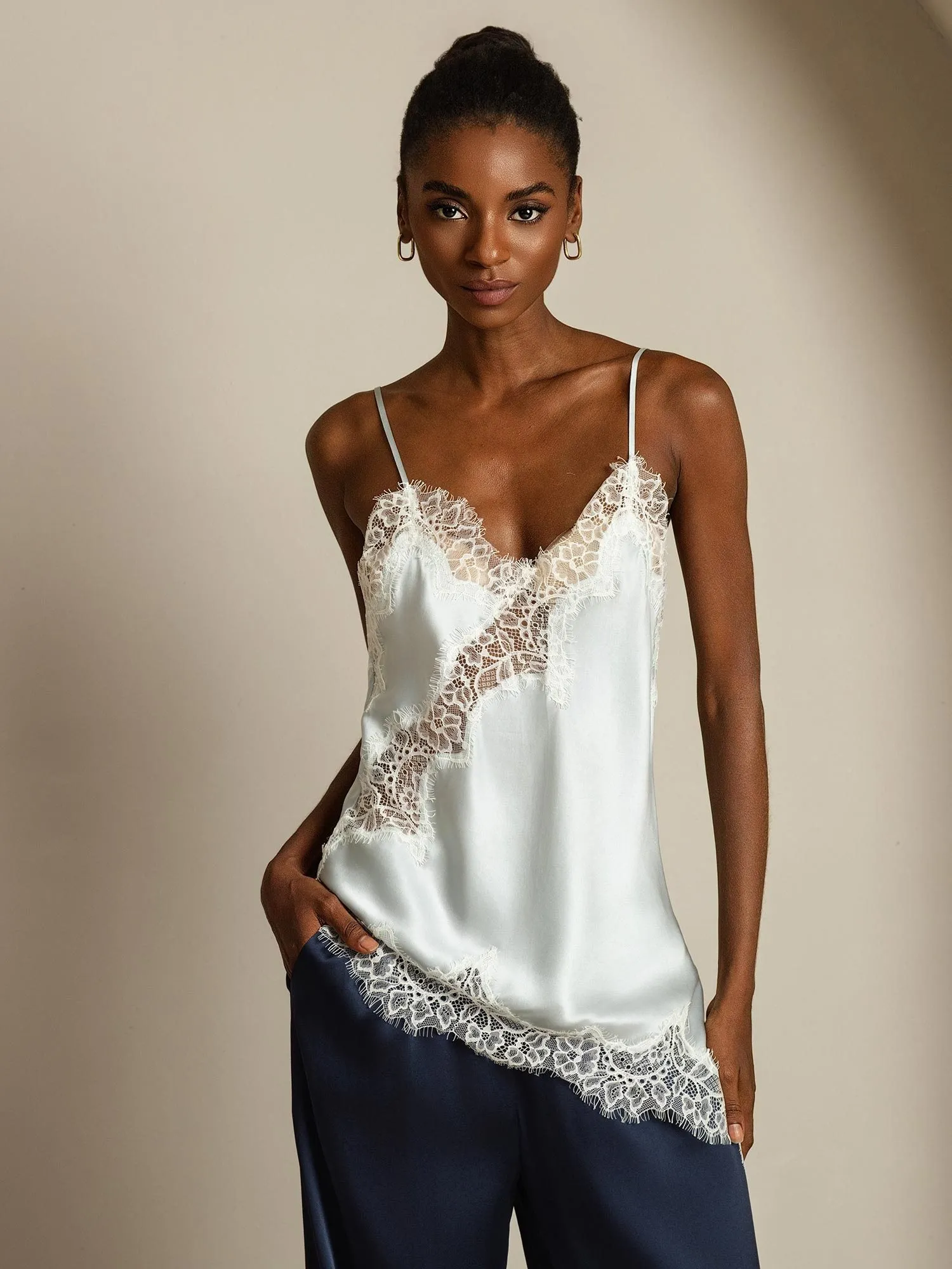 Pure Silk Spaghetti Straps Lace Camisole Top with Asymmetrical Hem sold by SilkSilky