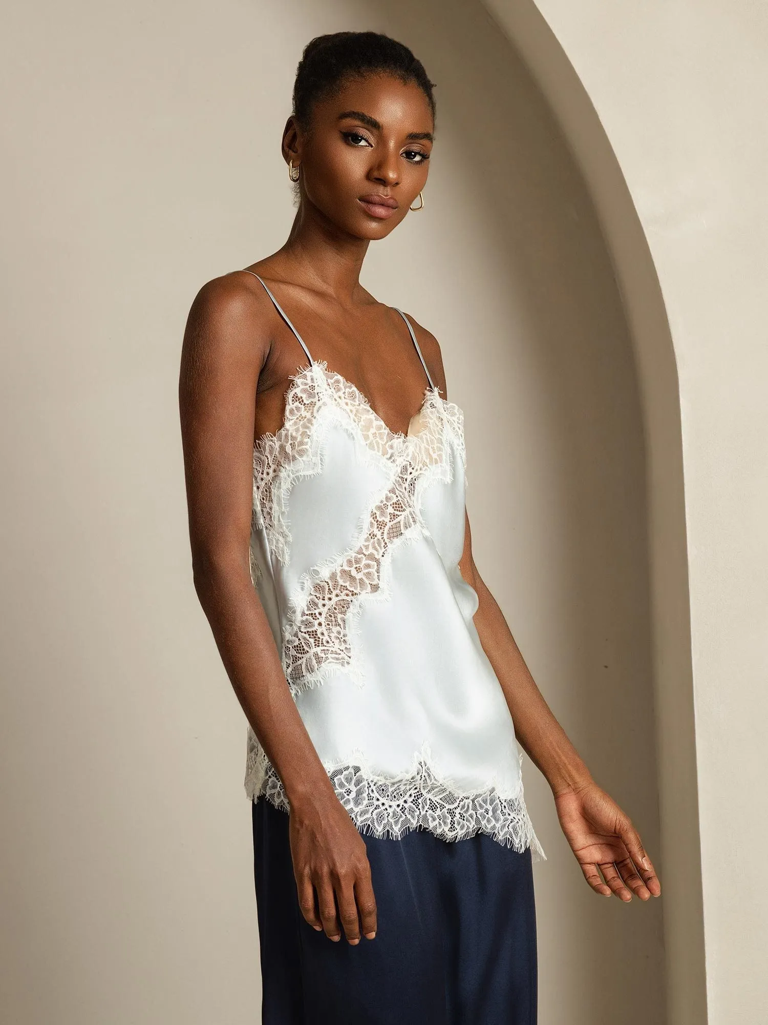 Pure Silk Spaghetti Straps Lace Camisole Top with Asymmetrical Hem sold by SilkSilky product image thumbnail 3