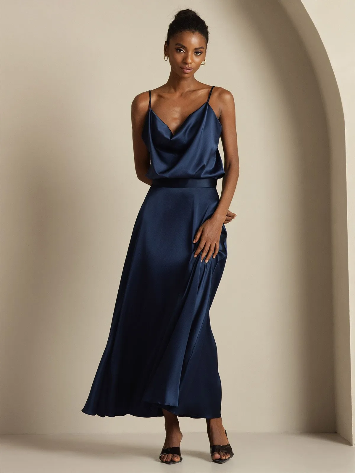 19Momme Silk Cowl Neck Spaghetti Strap Camisole Top & A Line Maxi Skirt sold by SilkSilky product image thumbnail 4