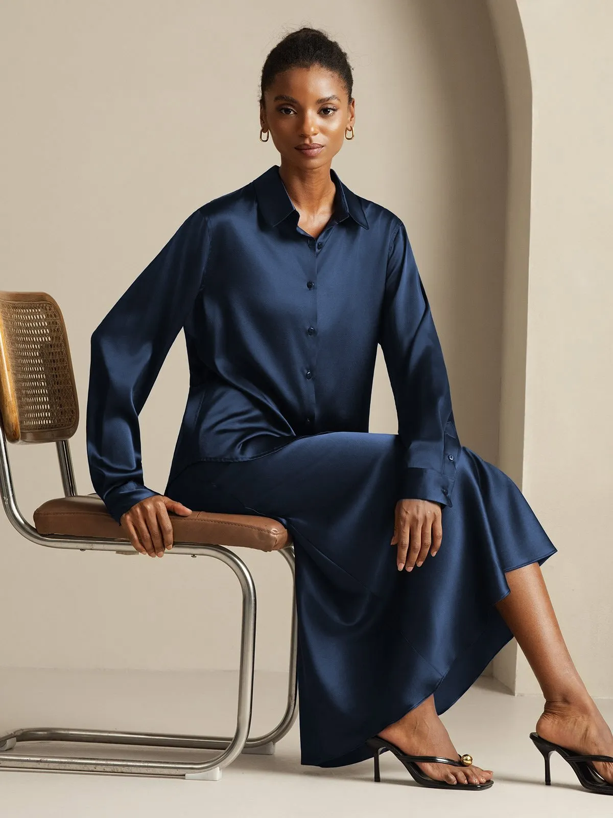 19Momme Silk Long Sleeve Lapel Collar Women's Shirt & Stretch Midi Skirt Set sold by SilkSilky