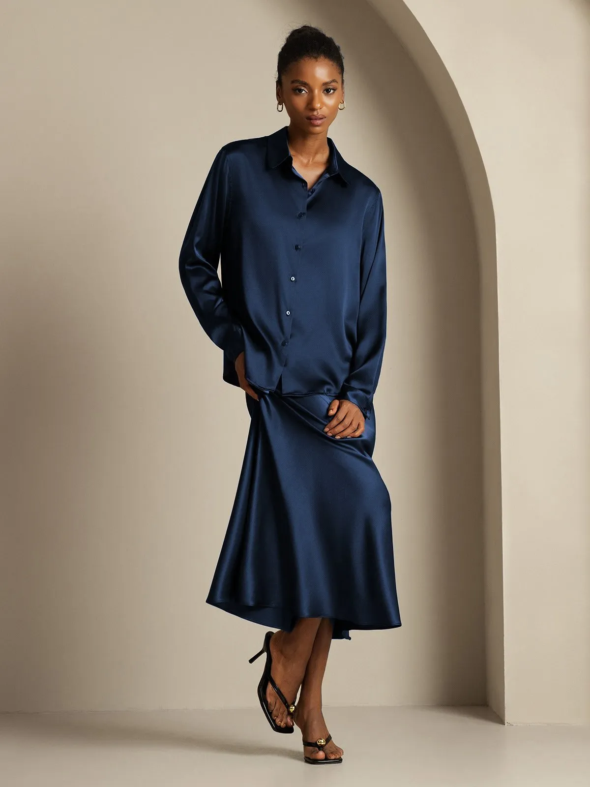 19Momme Silk Long Sleeve Lapel Collar Women's Shirt & Stretch Midi Skirt Set sold by SilkSilky product image thumbnail 3