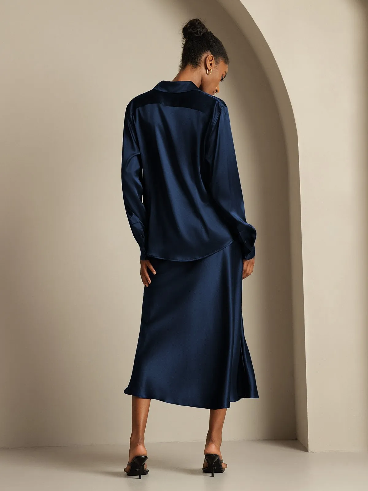 19Momme Silk Long Sleeve Lapel Collar Women's Shirt & Stretch Midi Skirt Set sold by SilkSilky product image thumbnail 2