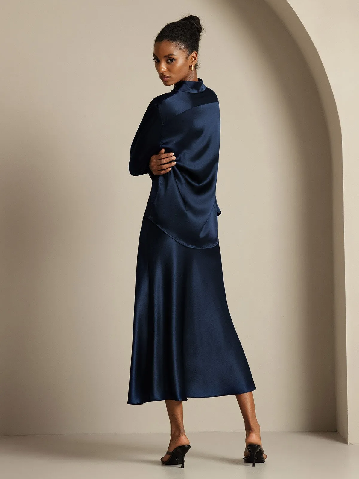 19Momme Silk Long Sleeve Lapel Collar Women's Shirt & Stretch Midi Skirt Set sold by SilkSilky product image thumbnail 5