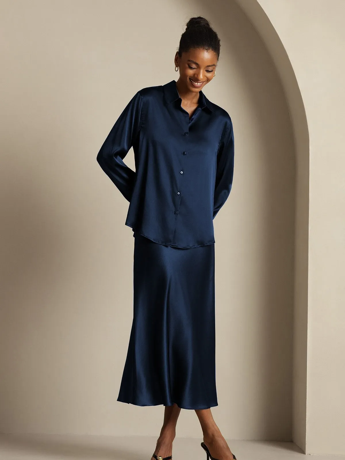 19Momme Silk Long Sleeve Lapel Collar Women's Shirt & Stretch Midi Skirt Set sold by SilkSilky product image thumbnail 4