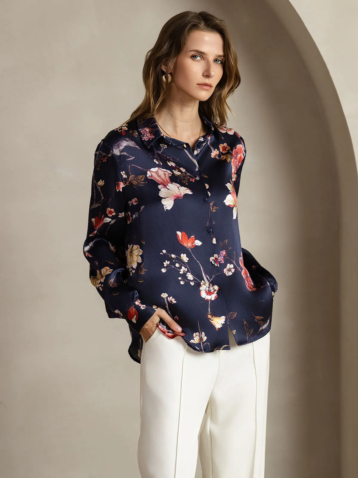 19Momme Silk Long Sleeve Lapel Collar Navy Floral Women's Shirt sold by SilkSilky