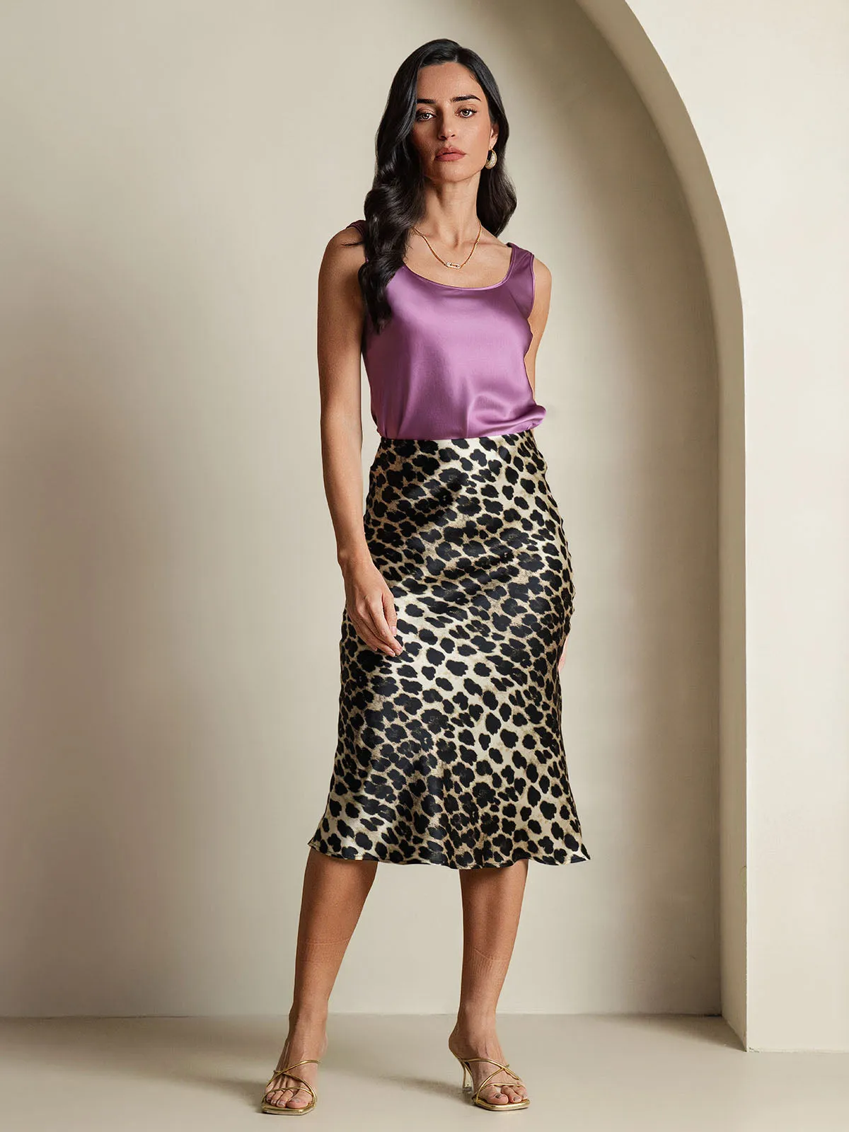 19Momme Pure Silk Leopard Print Stretch Straight Long Skirt sold by SilkSilky
