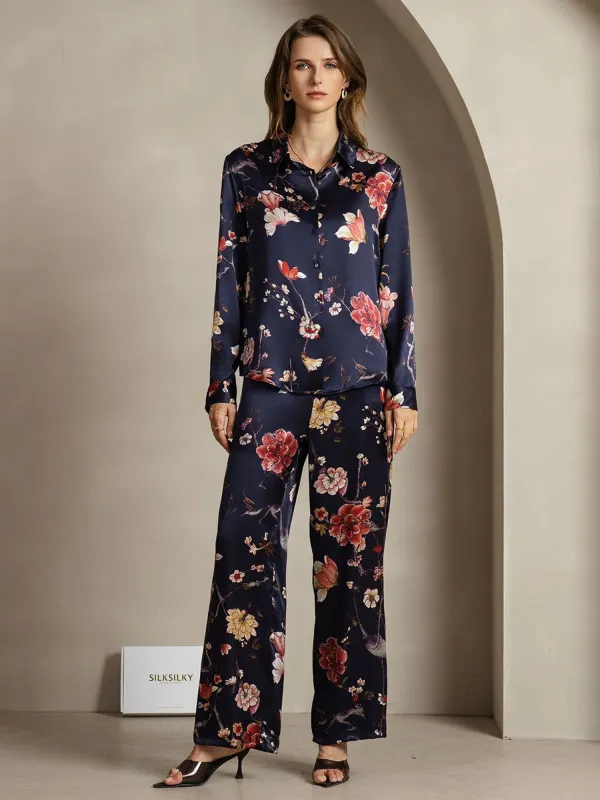19Momme Silk Navy Floral Button-Up Shirt & Wide-Leg Pants Set sold by SilkSilky