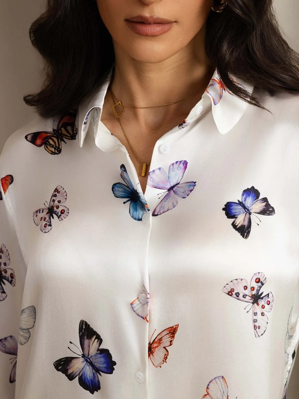 19Momme Women's Silk White Butterfly Print Button-Up Shirt & Wide-Leg Pants Set sold by SilkSilky product image thumbnail 5