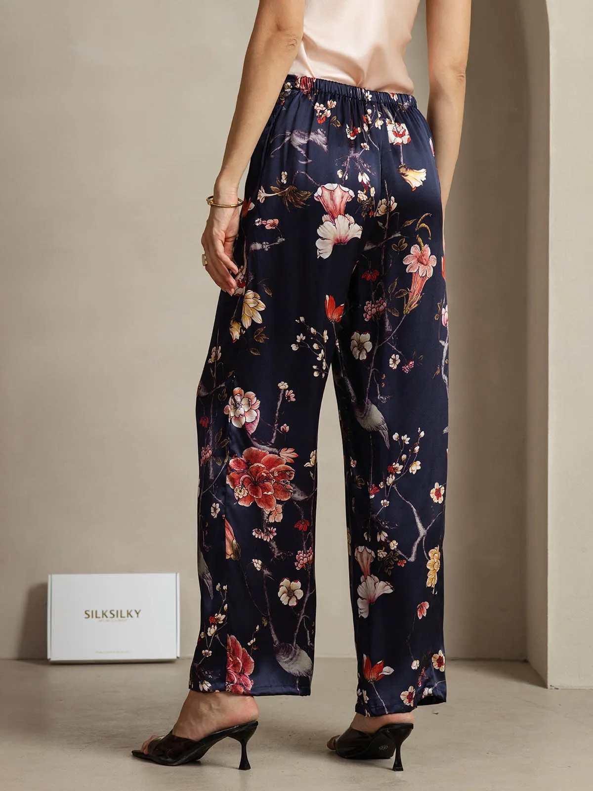 19Momme Silk Navy Floral Print Wide Leg Women's Pants With Side Pockets Design sold by SilkSilky product image thumbnail 2