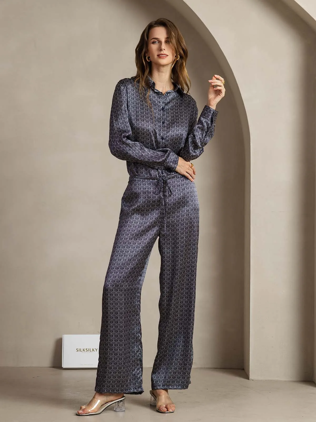 19Momme Silk Navy Ginkgo Print Wide Leg Women's Pants With Side Pockets Design sold by SilkSilky product image thumbnail 3