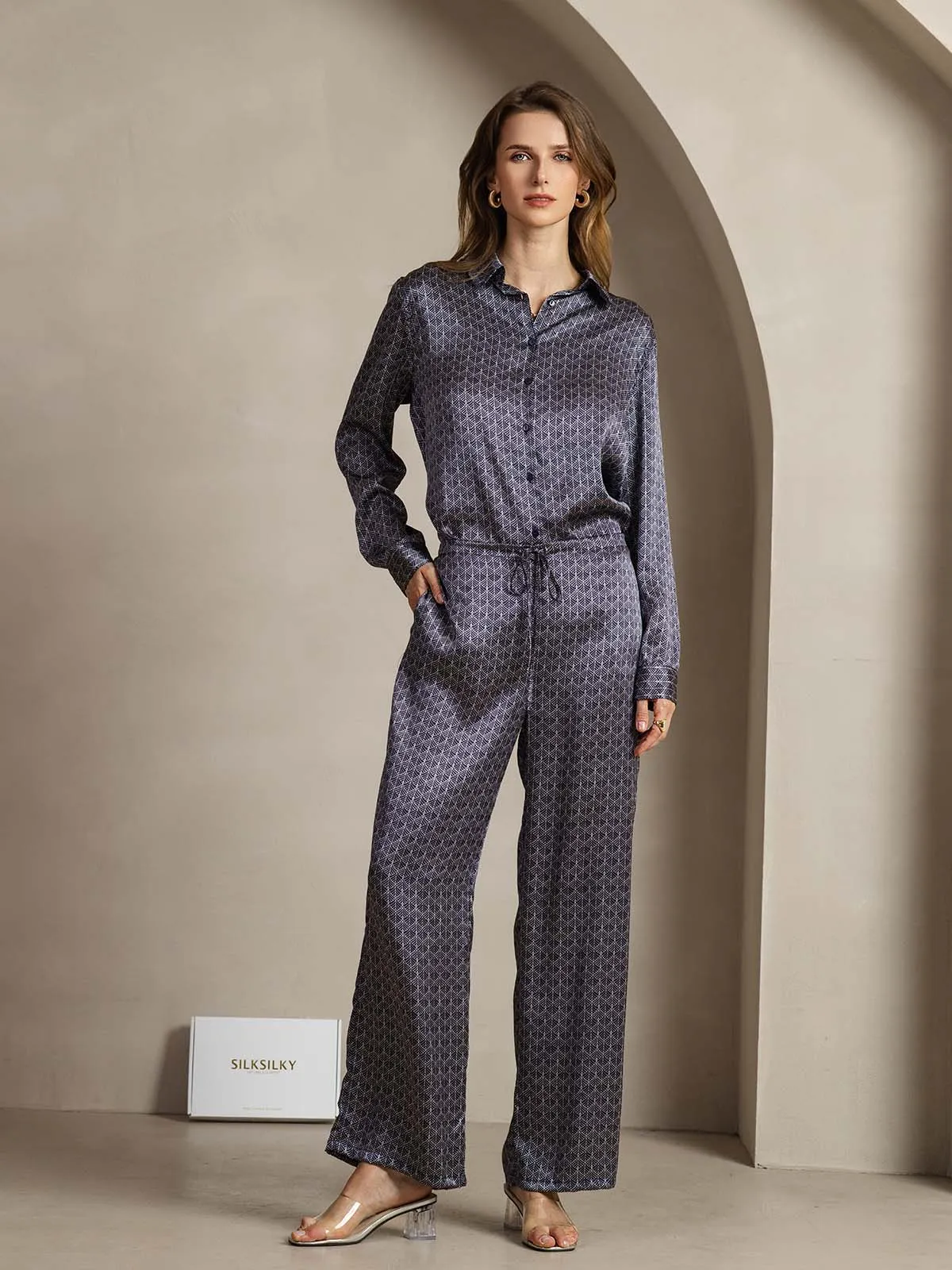 19Momme Silk Navy Ginkgo Print Wide Leg Women's Pants With Side Pockets Design sold by SilkSilky product image thumbnail 4