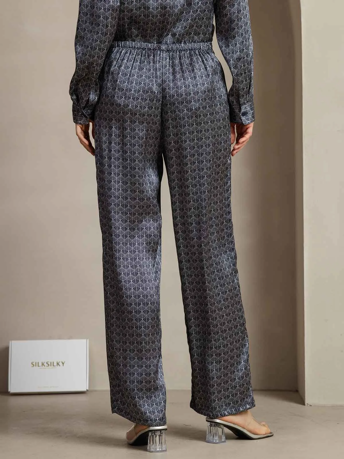 19Momme Silk Navy Ginkgo Print Wide Leg Women's Pants With Side Pockets Design sold by SilkSilky product image thumbnail 2