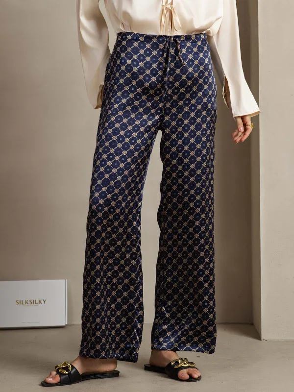 19Momme Silk Wide Leg Navy Chain Women's Pants With Side Pockets Design sold by SilkSilky